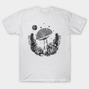 Foraging Mushroom on the Forest Floor Line drawing T-Shirt